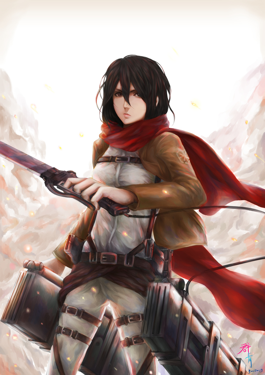 absurdres belt black_hair brown_eyes dated emblem foreshortening hair_between_eyes highres jacket mikasa_ackerman paradis_military_uniform qunqing_(phoebelin19979) red_scarf scarf shingeki_no_kyojin signature solo suspenders three-dimensional_maneuver_gear training_corps_(emblem) weapon