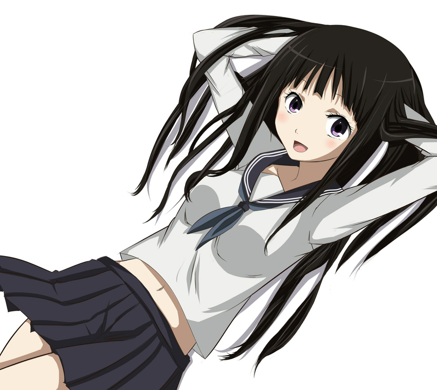 a.ringo black_hair black_skirt chitanda_eru hands_in_hair highres hyouka long_hair looking_at_viewer midriff navel open_mouth pleated_skirt purple_eyes school_uniform simple_background skirt solo white_background