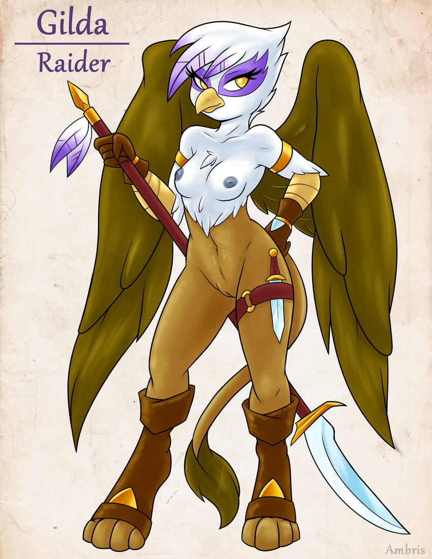 2015 absurd_res ambris anthro anthrofied areola avian breasts brown_feathers erect_nipples feathered_wings feathers female friendship_is_magic gilda_(mlp) gryphon hi_res looking_at_viewer melee_weapon my_little_pony nipples nude polearm purple_feathers pussy solo spear weapon white_feathers wings yellow_eyes