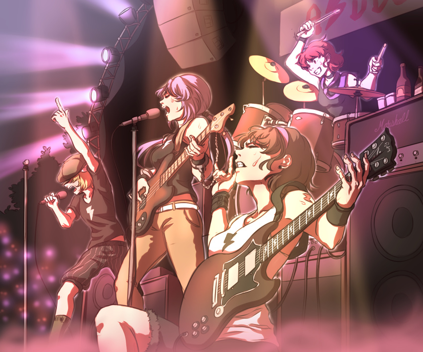 acdc arm_up bangs bass_guitar belt black_legwear black_shirt black_shorts blonde_hair bottle brown_hair cable choker clenched_teeth closed_eyes commentary concert contemporary cuffs cup denim drum drum_set drumsticks electric_guitar floppy_ears fur_trim guitar hairband hand_up hat hat_over_eyes horikawa_raiko index_finger_raised instrument kneehighs legs_apart lightning_bolt long_hair mefomefo microphone microphone_stand multiple_girls music necktie night night_sky one_eye_closed one_knee open_mouth outdoors pants playing_instrument pointing pointing_up print_shirt purple_hair purple_neckwear red_eyes red_hair ringo_(touhou) shirt short_hair shorts singing sitting sky speaker stage stage_lights standing sweat t-shirt tank_top tattoo teeth touhou tree tsukumo_benben tsukumo_yatsuhashi twintails white_shirt wrist_cuffs