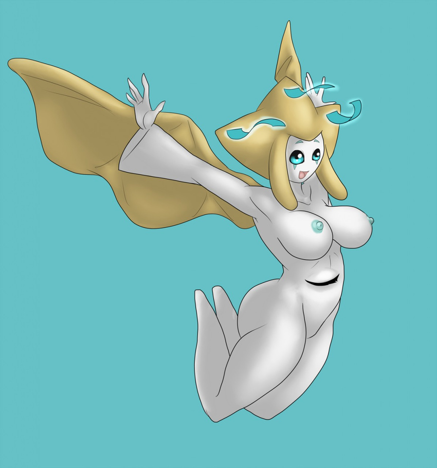 2016 anthro anthrofied areola big_breasts blue_background blue_eyes blue_nipples breasts featureless_crotch female hat hi_res jirachi legendary_pok&eacute;mon lurkingtyger nintendo nipples nude pok&eacute;mon pok&eacute;morph side_boob simple_background smile solo tongue video_games