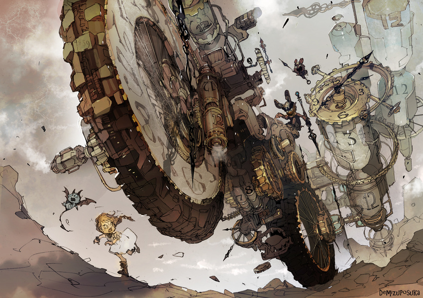 animal_ears artist_name bunny_ears commentary demizu_posuka dress exhaust_pipe gears ground_vehicle hourglass imp monster motor_vehicle motorcycle muted_color original tire wheelie