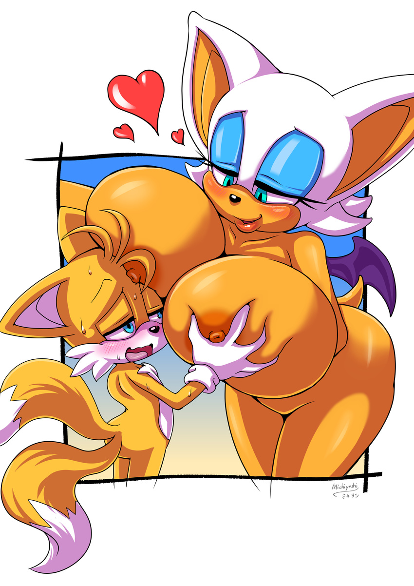 &lt;3 absurd_res anthro areola bat big_breasts blush breast_fondling breasts canine duo erect_nipples female fondling fox hand_on_breast hi_res huge_breasts male mammal michiyoshi miles_prower nipples nude rouge_the_bat smile sonic_(series)