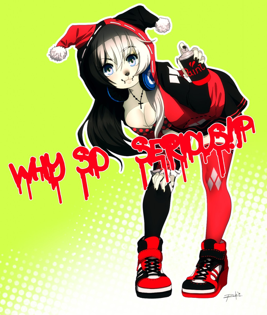 anthro bent_over breasts canine clothed clothing english_text female headphones jewelry looking_at_viewer mammal necklace paint rekuuhh simple_background smile solo spray_paint standing text