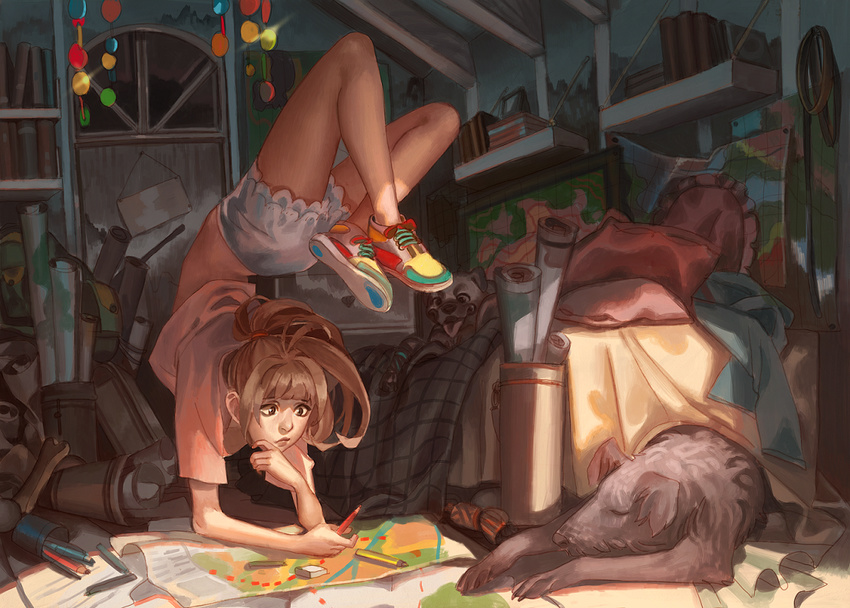 arm_support bed bed_sheet book brown_eyes brown_hair chin_rest closed_mouth crossed_legs cushion dog door holding holding_pencil indoors original paper pencil pillow pink_shirt ponytail shelf shirt shoes short_sleeves shorts sign sneakers tongue tongue_out viki-vaki window