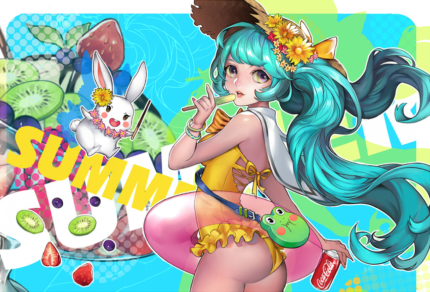 aqua_hair ass bow bunny coca_cola flowers food fruit green_eyes hat hatsune_miku long_hair popsicle rixingyisha strawberry swimsuit twintails vocaloid