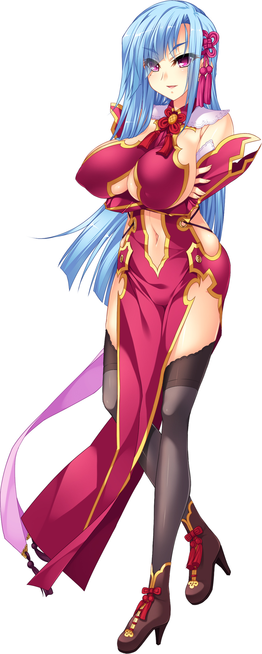 absurdres aqua_hair bare_shoulders black_legwear boots breasts center_opening cleavage crossed_arms detached_sleeves dress full_body hair_ornament highres hikage_eiji koihime_musou large_breasts long_hair long_sleeves looking_at_viewer mole open_mouth red_eyes sleeves_past_wrists solo thighhighs transparent_background