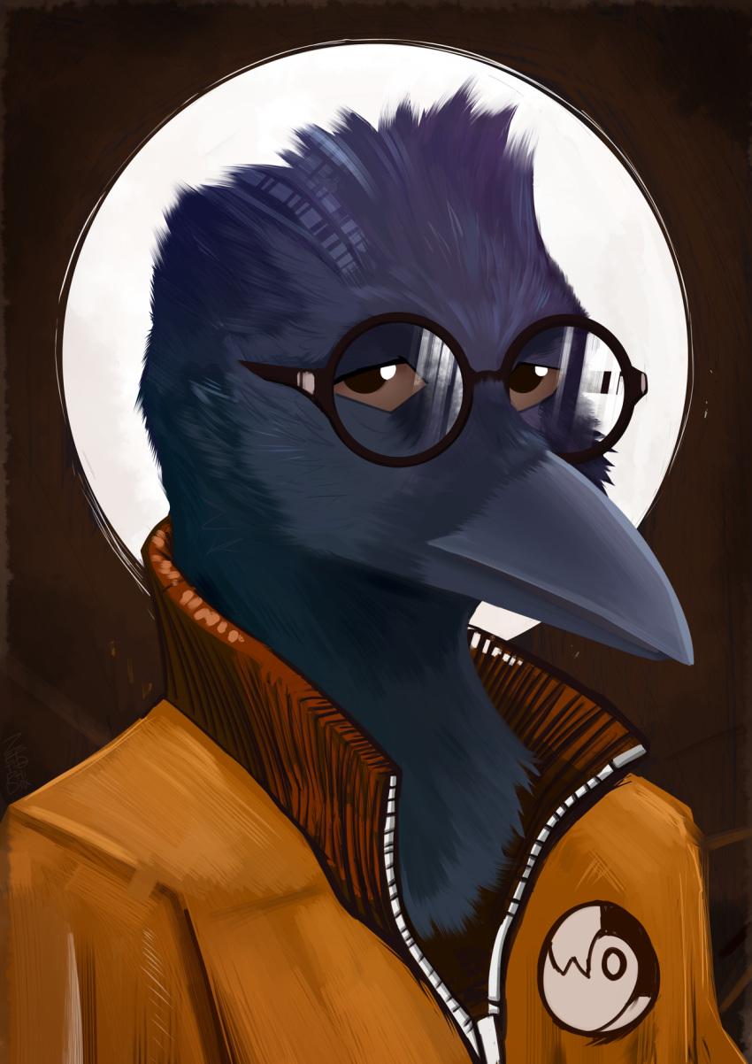 anthro avian beak bird black_body black_feathers brown_eyes clothing corvid corvus_(genus) digital_media_(artwork) digital_painting_(artwork) disco_elysium eyewear feathers glasses hi_res kim_kitsuragi looking_at_viewer male orange_clothing oscine painting_(artwork) passerine raven simple_background solo zeptophidia
