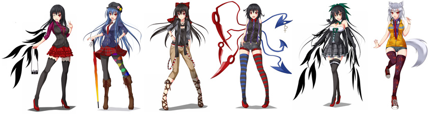 :d ;d adapted_costume alternate_costume asymmetrical_wings bare_shoulders bird_wings black_hat black_vest black_wings blush boots bow bowtie breasts camera cleavage closed_umbrella commentary_request contemporary cross-laced_footwear denim detached_sleeves elbow_gloves full_body gloves gmot green_bow hair_bow hair_tubes hakurei_reimu hand_on_hip hat high_heels highres hinanawi_tenshi houjuu_nue inubashiri_momiji jewelry lace-up_boots large_breasts looking_at_viewer multiple_girls necklace necktie one_eye_closed open_mouth plaid plaid_skirt red_bow red_footwear red_neckwear reiuji_utsuho shameimaru_aya shirt shoes short_shorts shorts skirt sleeveless sleeveless_track_jacket smile sneakers suspenders sword_of_hisou thighhighs touhou umbrella vest white_background wings zettai_ryouiki