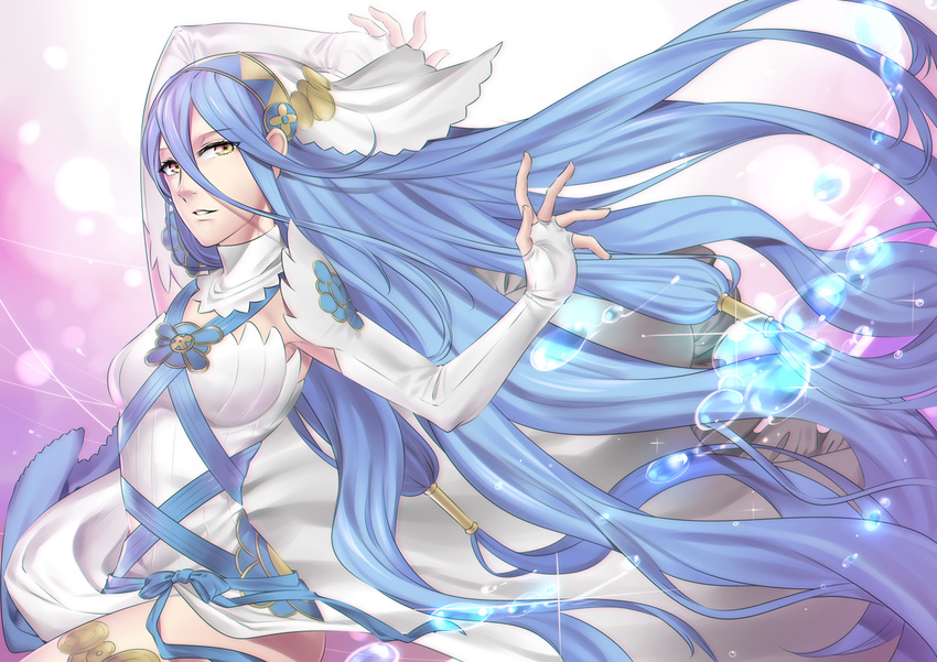 aqua_(fire_emblem_if) armpits artist_request ass blue_hair breasts bubble dancer dress elbow_gloves female fingerless_gloves fire_emblem fire_emblem_if gloves long_hair nashoki nintendo smile solo very_long_hair water yellow_eyes