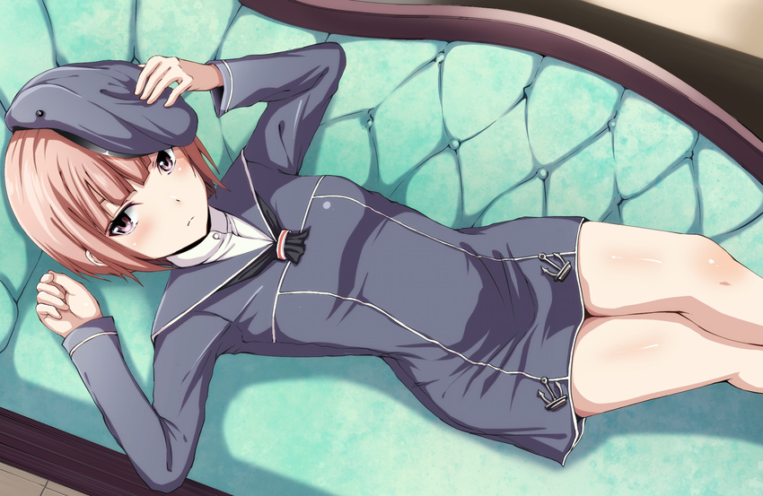 animated animated_png arms_up bangs bare_legs black_hat black_shirt blunt_bangs body_blush bondo_(borndragon) brown_hair closed_mouth couch cowboy_shot dress expressionless from_above hat highres holding holding_hat kantai_collection long_sleeves looking_at_viewer looking_up lying no_pants on_back on_couch sailor_dress shiny shiny_skin shirt short_dress short_hair solo thumbnail_surprise z3_max_schultz_(kantai_collection)