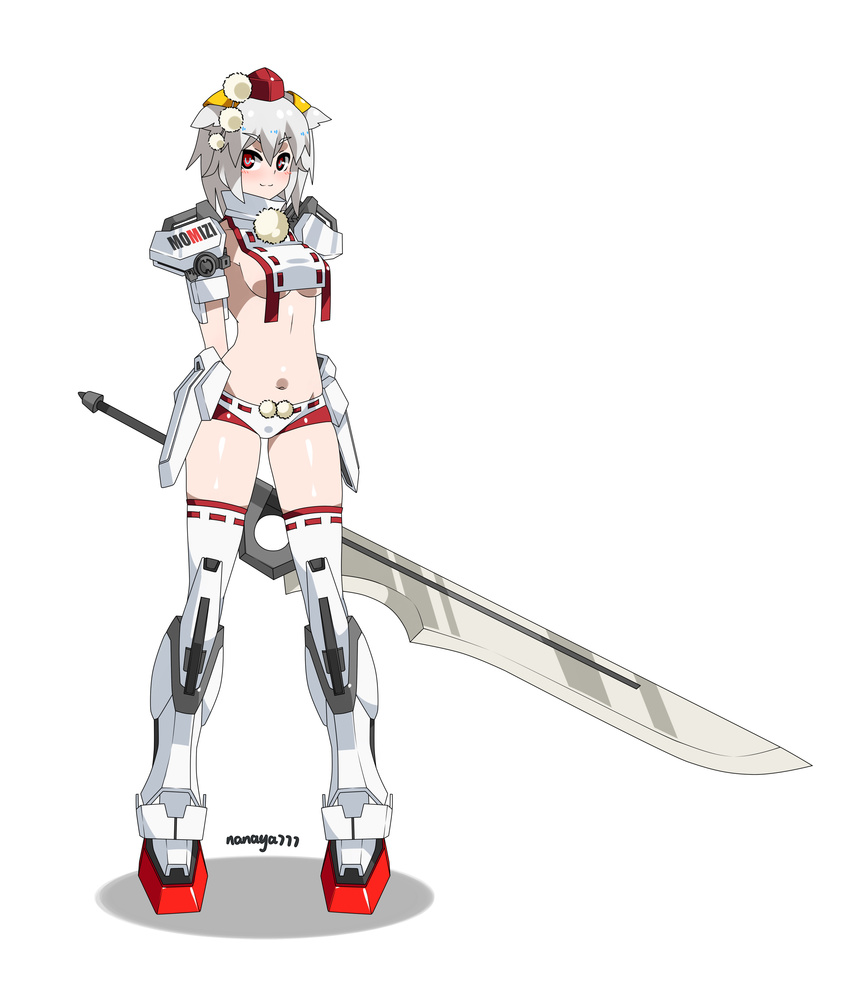 :3 absurdres animal_ears blush breasts character_name full_body groin gundam gundam_seed hat highres huge_weapon inubashiri_momiji looking_at_viewer mecha_musume medium_breasts midriff nanaya777 navel pom_pom_(clothes) red_eyes short_hair signature silver_hair simple_background solo strike_gundam sword tail tokin_hat touhou underboob weapon white_background wolf_ears wolf_tail