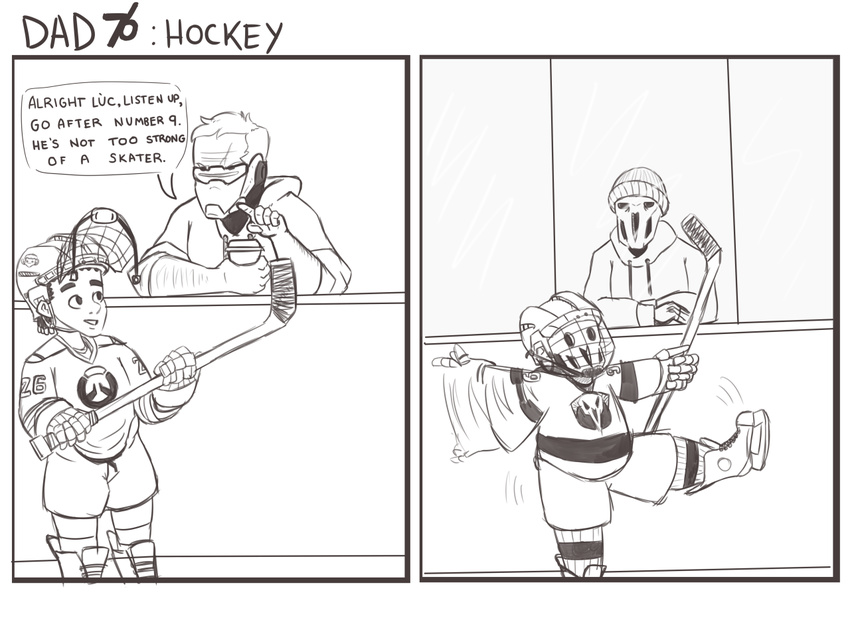 4boys beanie child coffee comic face_mask flailing gloves hat helmet hockey hockey_mask hockey_stick hood hoodie ice_skates ice_skating jersey lucio_(overwatch) mask monochrome multiple_boys overwatch pointing reaper_(overwatch) short_hair skates skating sleeves_rolled_up socks soldier:_76_(overwatch) visor younger