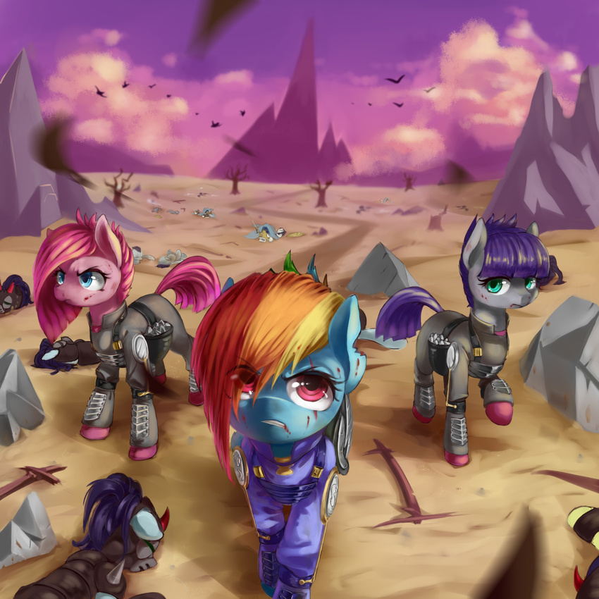 alternate_timeline armor bionic_wing blood equine female fluing friendship_is_magic group horse luciferamon mammal maud_pie_(mlp) mechanical_wing my_little_pony pegasus pinkamena_(mlp) pinkie_pie_(mlp) pony rainbow_dash_(mlp) scar wings