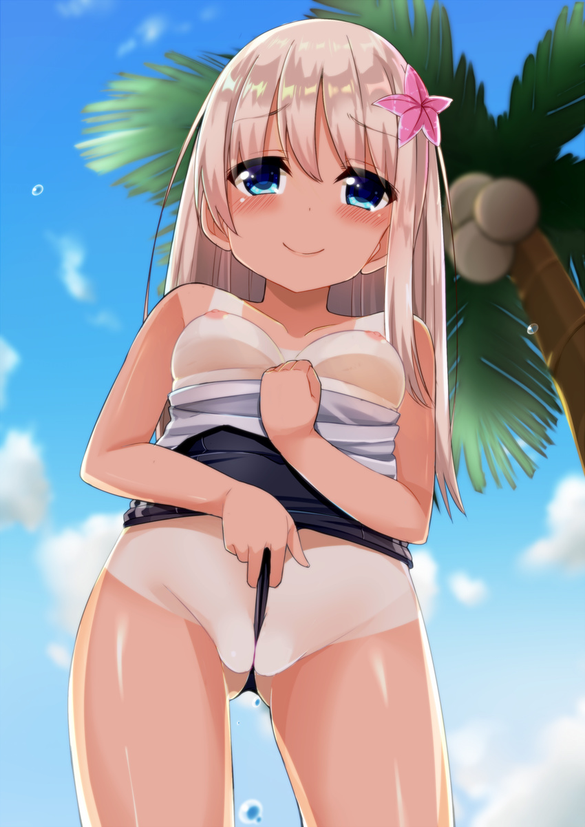 ass_visible_through_thighs bad_id bad_nicoseiga_id blonde_hair blue_eyes blue_sky blush breasts breasts_outside cacao_(chocolat) closed_mouth collarbone day flower from_below groin hair_flower hair_ornament highres kantai_collection long_hair looking_at_viewer looking_down nipples one-piece_tan outdoors palm_tree partially_visible_vulva pink_flower plant pulled_by_self ro-500_(kantai_collection) shiny shiny_skin sky small_breasts smile solo standing summer swimsuit_pull tan tanline tree wedgie