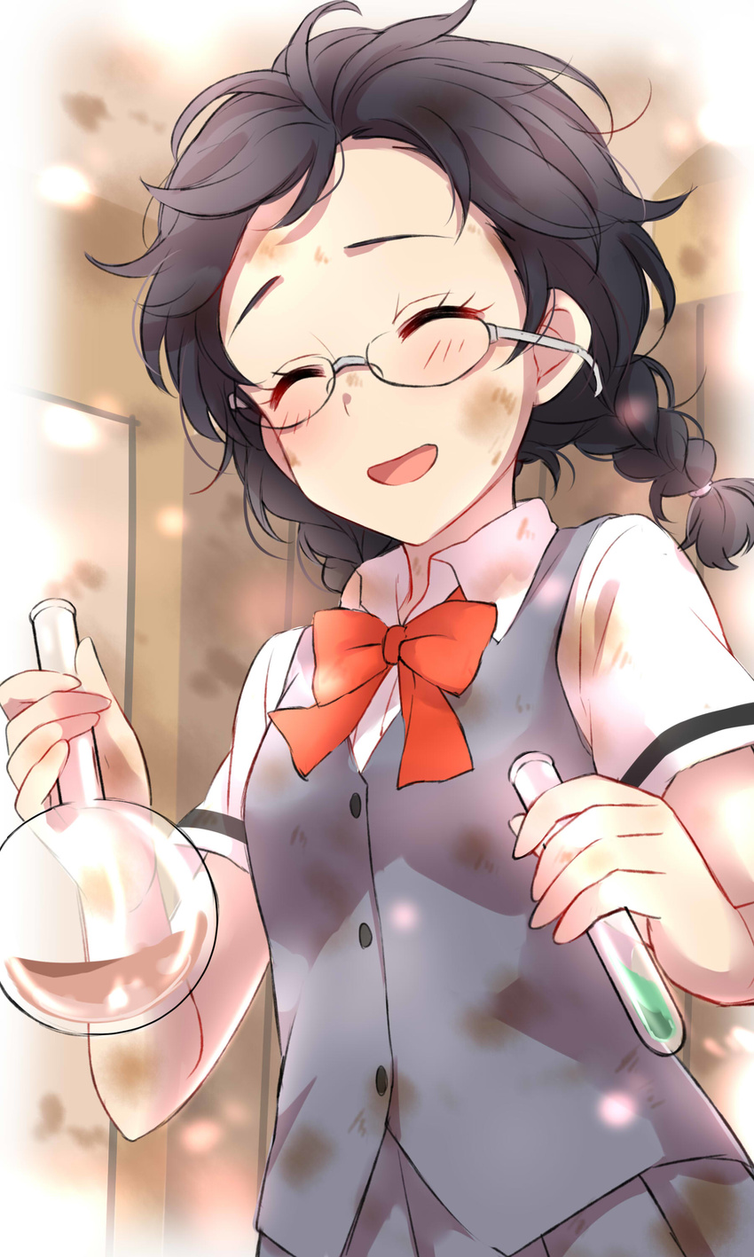 ^_^ absurdres ansatsu_kyoushitsu black_hair blush braid breasts buttons closed_eyes collared_shirt dirty_clothes dirty_face dress_shirt eyelashes flask glass glasses highres holding indoors laughing light_particles liquid long_hair messy_hair okuda_manami open_mouth rimless_eyewear round-bottom_flask school_uniform sekina shirt short_sleeves small_breasts smile solo sweater_vest test_tube transparent twin_braids upper_body white_shirt