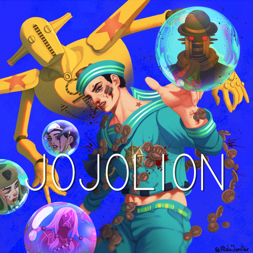 1girl 2boys 3others anchor_symbol atalajoestar birthmark black_hair blue_eyes blue_hat blue_pants blue_sailor_collar blue_shirt bowler_hat cane colored_skin compass_rose dixie_cup_hat hat higashikata_josuke_(jojolion) highres humanoid_robot joestar_birthmark jojo_no_kimyou_na_bouken jojolion mamezuku_rai military_hat multicolored_eyes multiple_boys multiple_others nijimura_kei obladi_oblada paisley_park_(stand) pants pink_hair purple_eyes red_eyes robot sailor_collar shirt soap_bubbles soft_&amp;_wet stand_(jojo) star_(symbol) star_print ushanka wonder_of_u yellow_skin