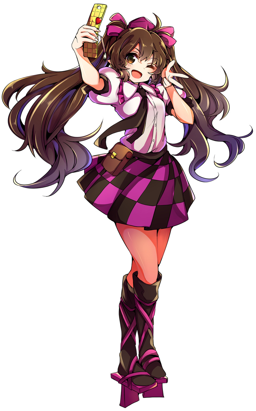 ;d absurdres ahoge baba_(baba_seimaijo) black_neckwear blush bow brown_eyes brown_hair cellphone checkered checkered_skirt commentary_request cross-laced_footwear crossed_legs frilled_shirt_collar frills full_body geta hair_bow hair_ribbon hat heart highres himekaidou_hatate kneehighs long_hair looking_at_viewer miniskirt necktie one_eye_closed open_mouth outstretched_arm pantyhose phone pointy_ears pouch puffy_short_sleeves puffy_sleeves purple_ribbon ribbon self_shot shirt short_sleeves skirt smile solo tachi-e tengu-geta tokin_hat touhou transparent_background twintails v very_long_hair white_shirt