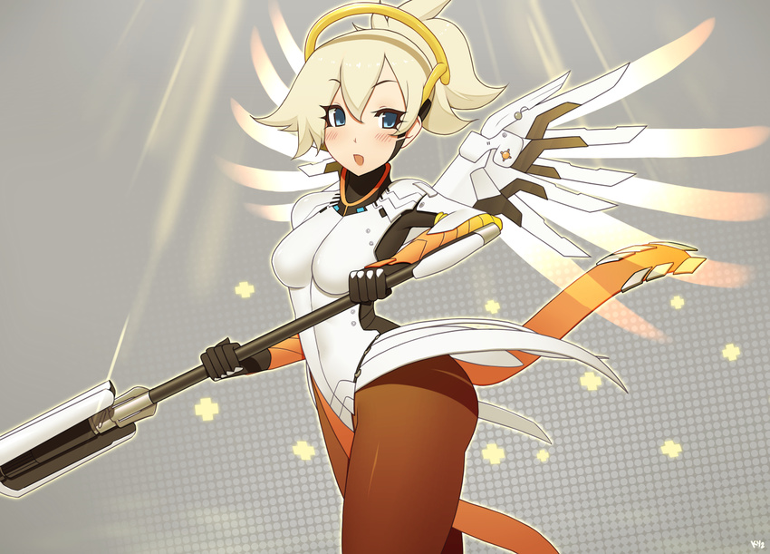 :d blonde_hair blue_eyes breasts cowboy_shot gloves grey_background high_ponytail kuroonehalf light_rays looking_at_viewer mechanical_halo mechanical_wings medium_breasts mercy_(overwatch) open_mouth overwatch pantyhose ponytail signature smile solo staff wings
