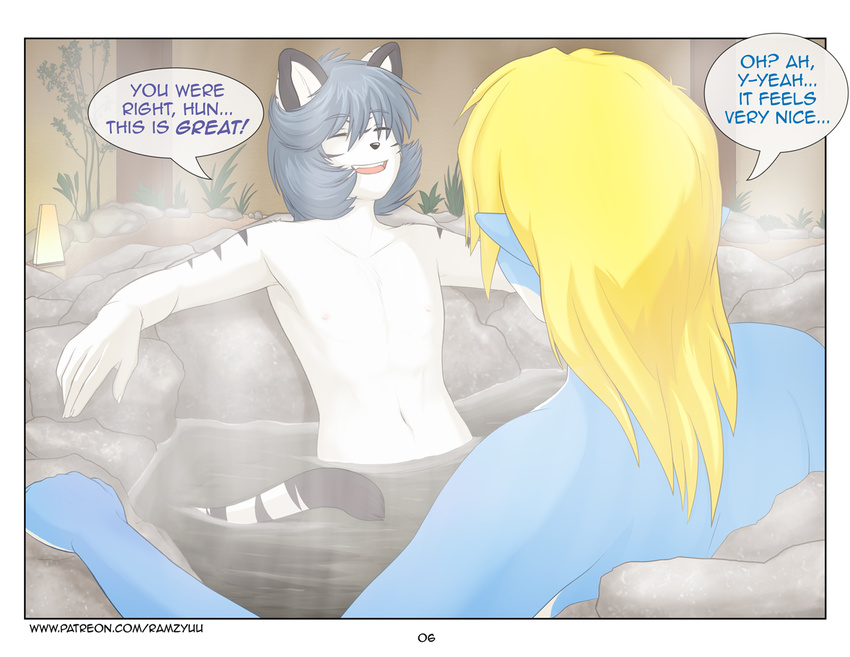 2016 anthro blonde_hair blue_hair blue_scales chao_xiang comic dialogue dragon english_text feline fur girly hair hot_spring hot_tub long_hair looking_pleasured male mammal nipples nude ramzryu ramzryu_(character) ramzyuu scales scalie smile steam stripes text tiger water white_fur white_tiger