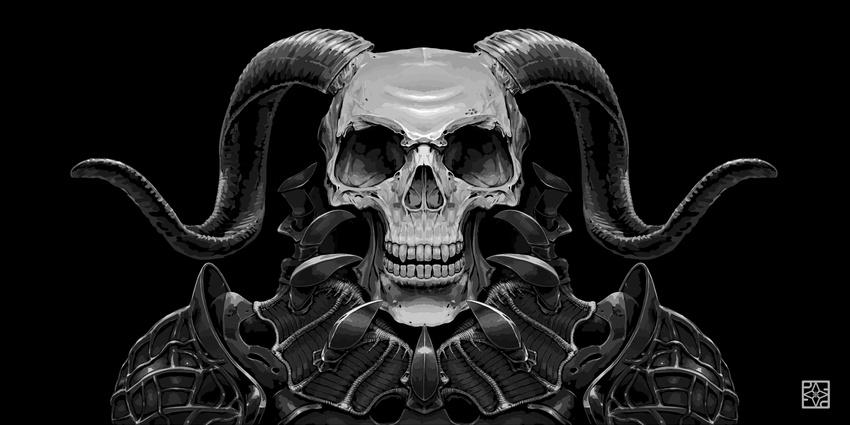 armor black horns lilac_(pfeasy) monochrome original skull waifu2x