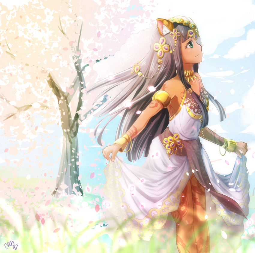 alternate_costume animal_ears armlet bastet_(p&amp;d) black_hair bracelet bride cat_ears cat_tail cloud dark_skin dress dress_lift egyptian green_eyes hair_ornament hair_tubes ikanan jewelry long_hair necklace petals puzzle_&amp;_dragons sash signature solo tail tattoo tree very_long_hair wedding_dress