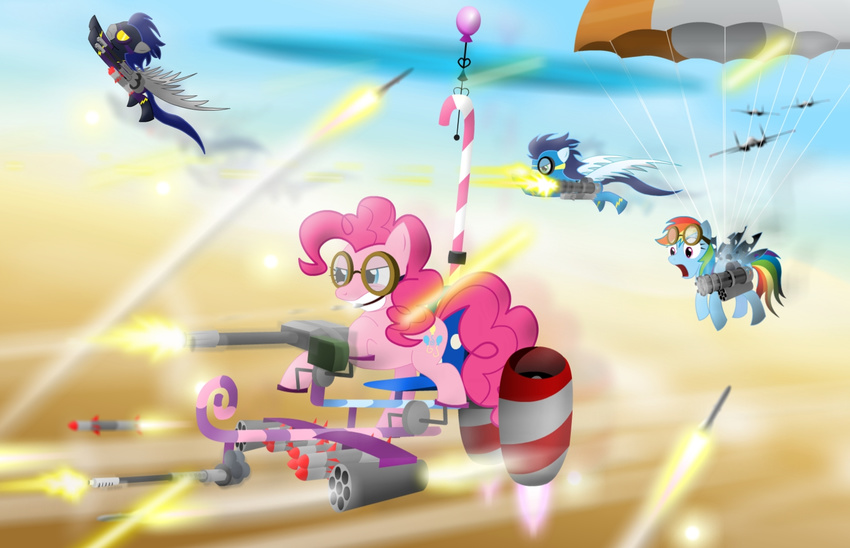 2011 aircraft airplane blue_feathers blue_fur crazy_contraption cutie_mark earth_pony equine eyewear feathered_wings feathers female feral friendship_is_magic fur goggles group gun horse jet male mammal missile mouth_hold my_little_pony open_mouth parachute pedro992 pegasus pink_fur pinkie_pie_(mlp) pony rainbow_dash_(mlp) ranged_weapon shadowbolts_(mlp) soarin_(mlp) weapon wings wonderbolts_(mlp)