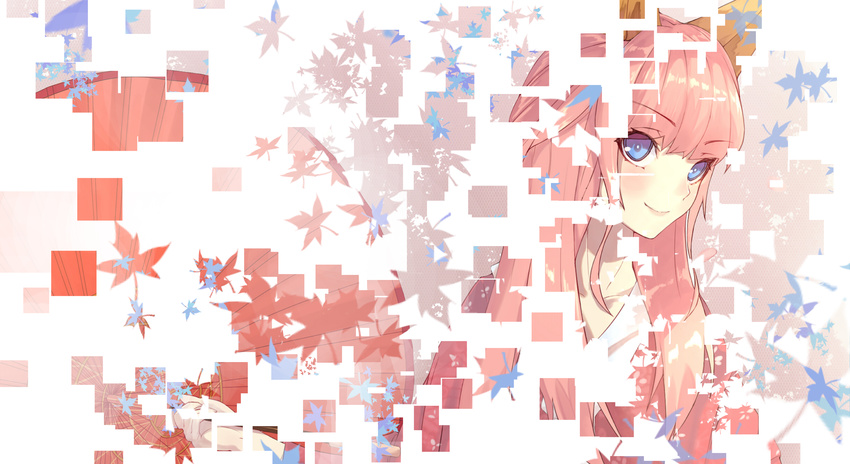 absurdres animal_ears blue_eyes collarbone digital_dissolve eyebrows eyebrows_visible_through_hair fox_ears highres hoshino_(illyasviel) japanese_clothes leaf long_hair maple_leaf original pink_hair sidelocks smile solo umbrella upper_body