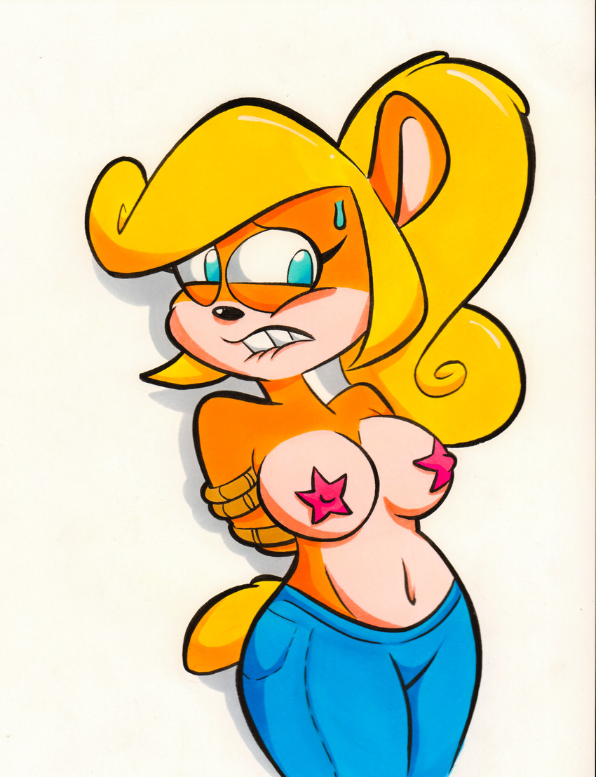 anthro arms_tied bandicoot big_breasts blonde_hair blue_eyes bound breasts clothed clothing coco_bandicoot crash_bandicoot_(series) female hair mammal marsupial nipples pasties simple_background solo sweat teeth topless video_games