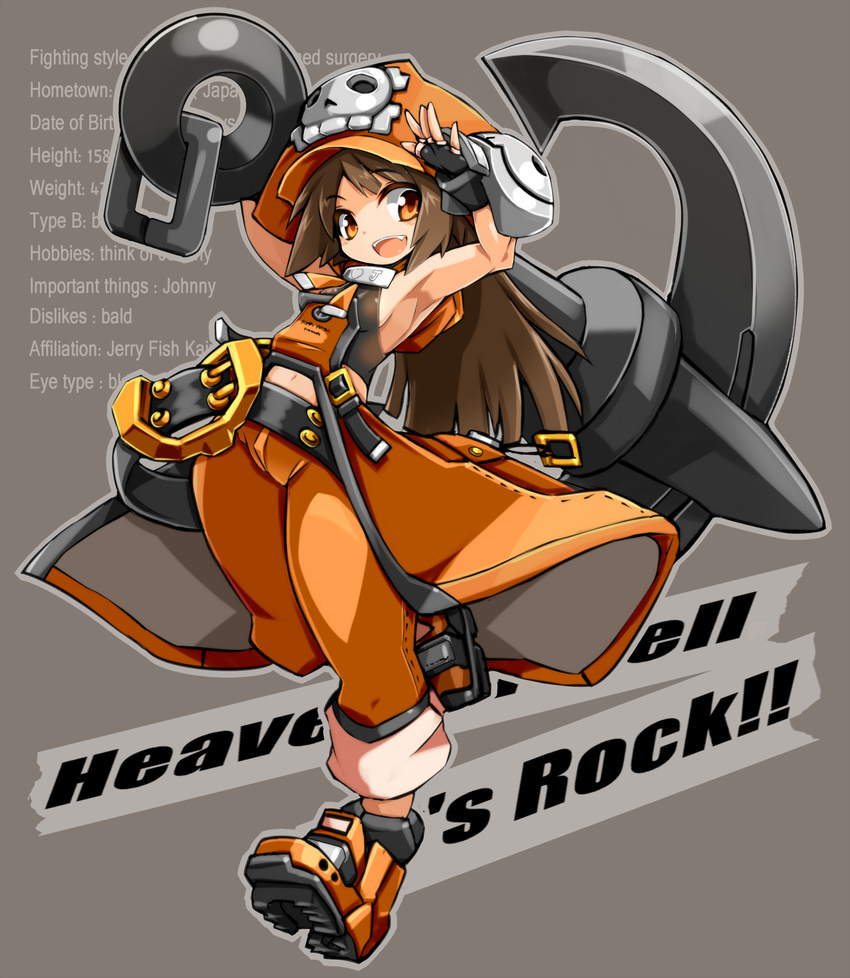 anchor armpits belt black_gloves boots breasts brown_hair coattails fang fingerless_gloves full_body gloves guilty_gear hat highres huge_weapon karukan_(monjya) long_hair may_(guilty_gear) navel orange_eyes orange_hat over_shoulder pants pants_rolled_up pirate_hat sideboob sleeveless small_breasts smile solo weapon weapon_over_shoulder