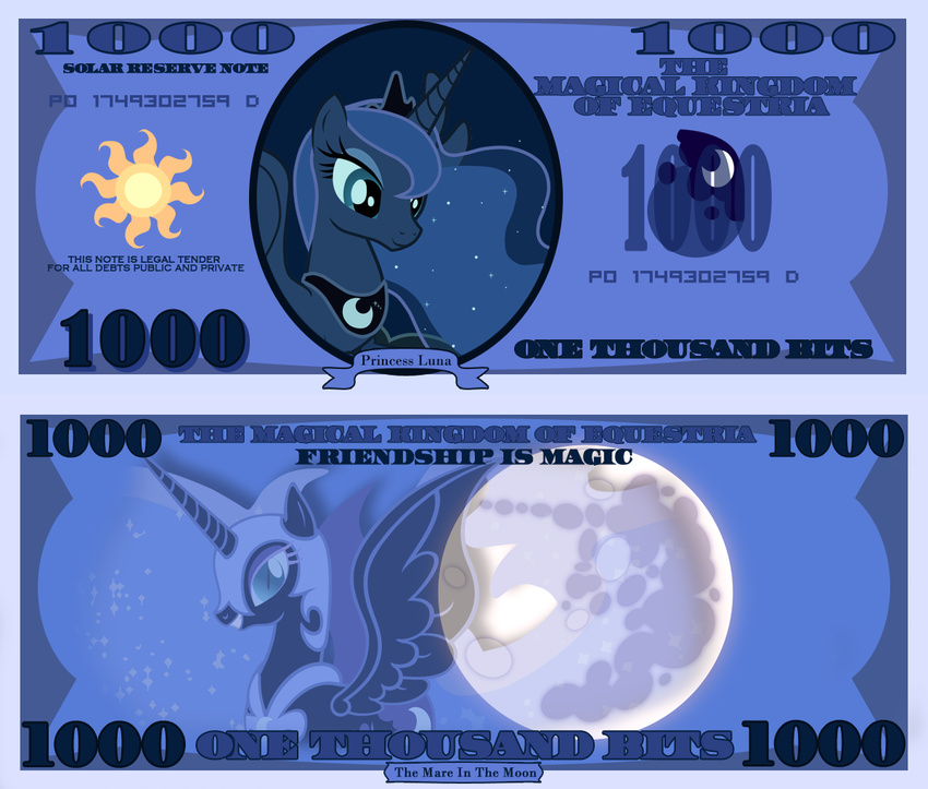 armor blue_eyes blue_hair cradet cutie_mark equine feathered_wings feathers female feral friendship_is_magic fur hair helmet horn long_hair mammal money moon my_little_pony nightmare_moon_(mlp) princess_luna_(mlp) winged_unicorn wings