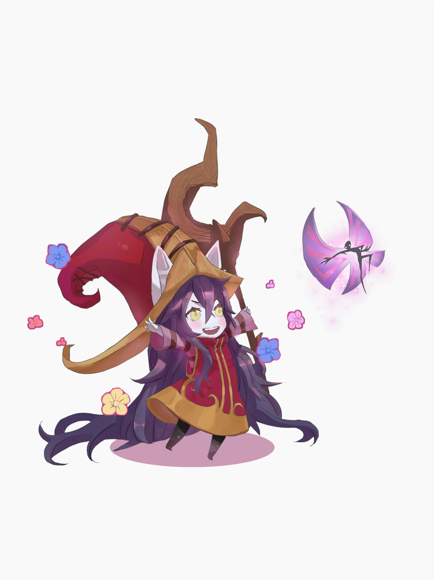 1girl absurdly_long_hair absurdres animal_ears black_legwear blush dress ears_through_headwear flat_chest flower full_body hat highres holding holding_weapon league_of_legends long_hair lulu_(league_of_legends) onekokun outstretched_arms pantyhose pix pointy_ears purple_hair purple_skin smile staff standing standing_on_one_leg very_long_hair weapon witch_hat yellow_eyes yordle