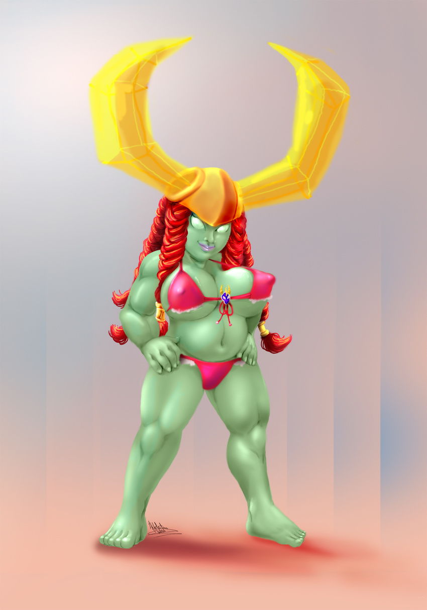 activision braided_hair breasts empty_eyes erect_nipples green_skin hair head_rush horn nipples overweight red_hair simple_background skylanders solo tiocleiton