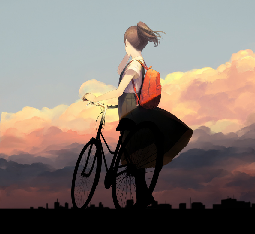 backpack bag bicycle black_hair cloud ground_vehicle highres long_hair original ponytail school_uniform skirt sky solo sousou_(sousouworks) standing suspenders