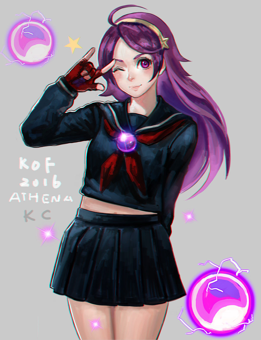 asamiya_athena black_serafuku fingerless_gloves gloves hair_ornament hairband highres jewelry k.c long_hair purple_hair school_uniform serafuku skirt solo star star_hair_ornament the_king_of_fighters the_king_of_fighters_xii