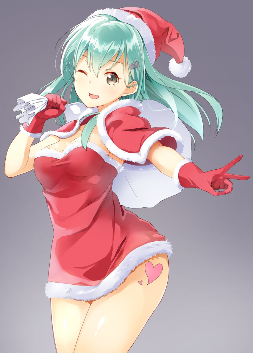 brown_eyes byte_(allbyte) capelet fur_trim gloves green_hair hair_ornament hairclip hat heart highres kantai_collection long_hair looking_at_viewer one_eye_closed red_gloves sack santa_costume santa_hat simple_background smile solo standing suzuya_(kantai_collection) v