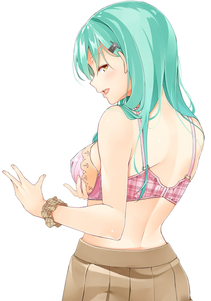 back blush bra breast_hold breasts brown_skirt byte_(allbyte) duplicate from_behind green_hair hair_ornament hairclip highres kantai_collection large_breasts long_hair looking_at_viewer looking_back naughty_face pink_bra plaid plaid_bra profile sideboob simple_background skirt smile solo suzuya_(kantai_collection) underwear white_background wrist_cuffs yellow_eyes