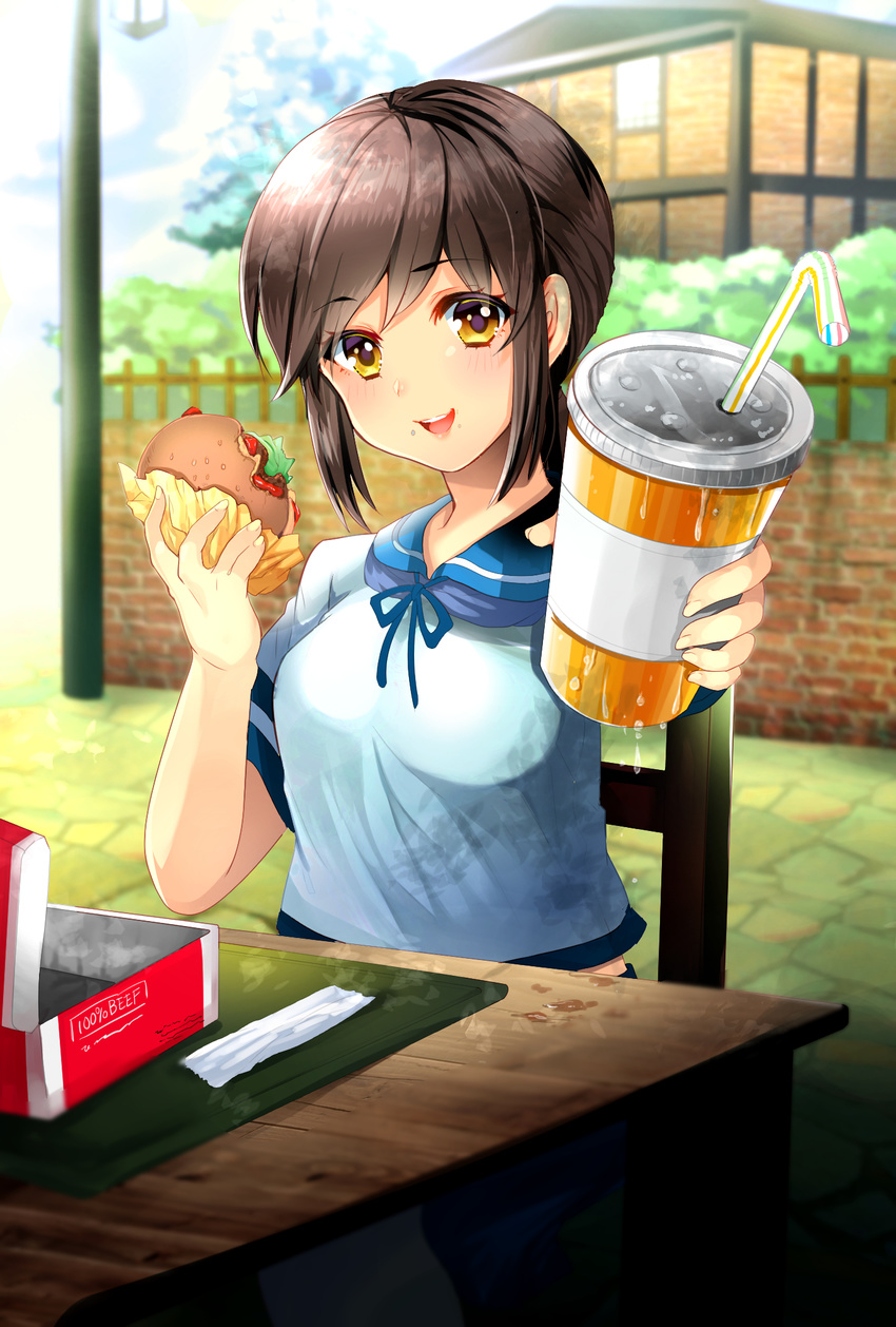 bangs beef bendy_straw blue_sky blurry blush box bread brick_wall brown_eyes brown_hair building bush chair condensation cup day depth_of_field disposable_cup drink drinking_straw dripping eating fence fingernails food fubuki_(kantai_collection) giving hamburger happy highres holding holding_cup holding_food house kantai_collection ketchup lamppost looking_at_viewer open_mouth outdoors outstretched_arm plant pov school_uniform serafuku shirt short_hair short_sleeves sitting sky smile solo stone_floor table tareme tree upper_body uzura_(moimoi) wall water_drop white_shirt wooden_fence wooden_table