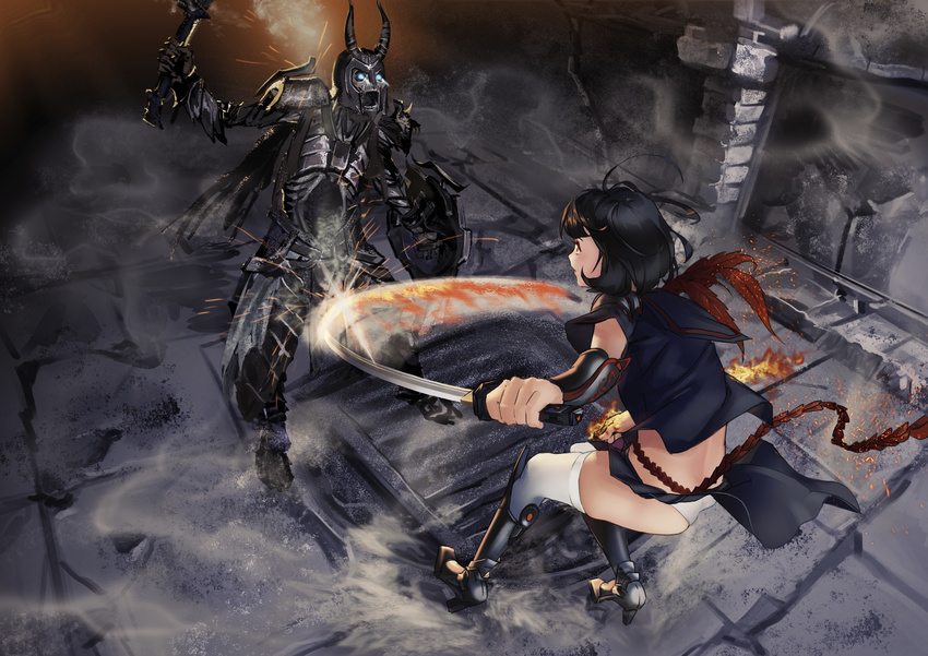 absurdres armor armored_boots ass back battle black_hair black_legwear boots duel glowing glowing_eyes helmet high_heels highres holding holding_sword holding_weapon katana liyou-ryon magic motion_blur open_mouth panties school_uniform serafuku shield short_hair skirt sword the_elder_scrolls the_elder_scrolls_v:_skyrim thighhighs undead underwear weapon white_legwear white_panties