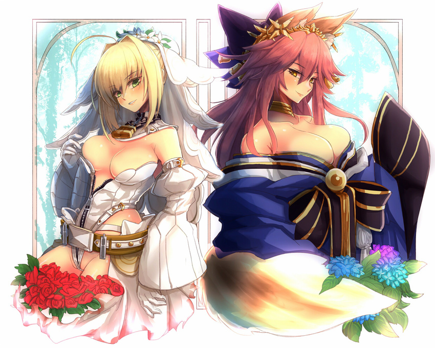 ahoge animal_ears arm_strap back-to-back bangs bare_shoulders belt blonde_hair blush bouquet bow breasts bursting_breasts center_opening cleavage closed_mouth commentary_request cowboy_shot detached_collar detached_sleeves eyebrows eyebrows_visible_through_hair fate/extra fate/extra_ccc fate/grand_order fate_(series) flower fox_ears fox_tail gloves green_eyes grin groin hair_between_eyes hair_bow hair_intakes hair_ornament half-closed_eyes head_tilt highleg highleg_leotard japanese_clothes jewelry kimono large_breasts leaf leotard lock long_hair long_sleeves looking_at_viewer loose_belt medium_breasts multiple_girls naughty_face neck_ring nero_claudius_(bride)_(fate) nero_claudius_(fate)_(all) no_bra off_shoulder padlock pink_hair puffy_detached_sleeves puffy_sleeves purple_bow red_flower red_rose rose seductive_smile showgirl_skirt sidelocks skindentation skirt sleeves_past_wrists smile standing studded_belt tail tamamo_(fate)_(all) tamamo_no_mae_(fate) tied_hair turtleneck unzipped veil white_gloves white_sleeves wide_sleeves yellow_eyes yude zipper