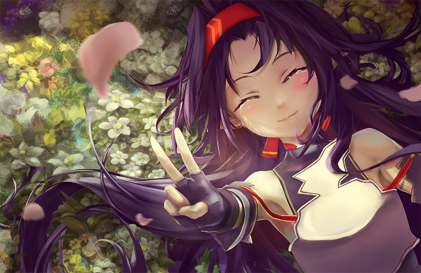 blush breastplate closed_eyes detached_sleeves elbow_gloves fingerless_gloves flower flower_bed gloves hairband long_hair lying petals pointy_ears purple_hair sleeveless smile solo sword_art_online tears v yuho_(goodtest) yuuki_(sao)