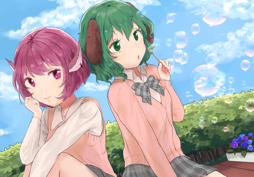 alternate_costume animal_ears bad_id bad_pixiv_id blue_sky bubble_blowing cloud colored_eyelashes contemporary cropped day dutch_angle floppy_ears flower flower_bed forest green_eyes green_hair hand_on_lap head_rest highres honi jewelry kasodani_kyouko light_smile long_sleeves looking_at_viewer looking_to_the_side morning_glory multiple_girls mystia_lorelei nature no_wings plaid plaid_ribbon plaid_skirt purple_eyes purple_hair ribbon school_uniform short_hair single_earring sitting skirt sky sweater sweater_vest touhou