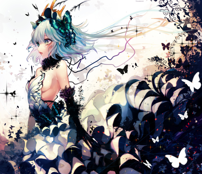 absurdres bare_shoulders black_gloves bonnet breasts bug butterfly butterfly_hair_ornament choker daimaou_ruaeru dress elbow_gloves frilled_dress frills gloves grey_eyes hair_ornament highres insect original sideboob silver_hair small_breasts solo strapless strapless_dress white_dress