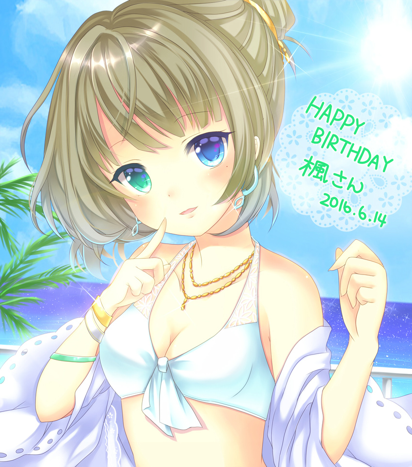 bikini blue_eyes blue_sky bracelet breasts brown_hair cleavage cloud collarbone day earrings happy_birthday harukaruha heterochromia highres idolmaster idolmaster_cinderella_girls jewelry looking_at_viewer mole mole_under_eye necklace ocean off_shoulder open_clothes open_shirt palm_tree shirt sky small_breasts solo swimsuit takagaki_kaede tree white_bikini