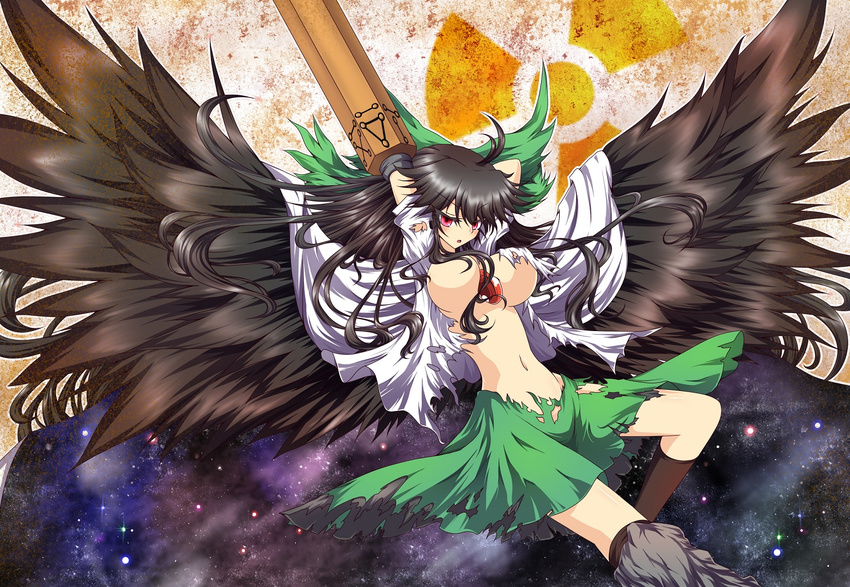 :o areolae arm_cannon arms_up bird_wings black_hair black_legwear black_wings blush bow cape commentary_request g_(desukingu) green_skirt hair_bow large_areolae long_hair looking_at_viewer navel no_bra open_clothes open_shirt pink_eyes puffy_short_sleeves puffy_sleeves reiuji_utsuho shirt short_sleeves skirt socks solo third_eye torn_clothes torn_shirt torn_skirt touhou v-shaped_eyebrows weapon white_shirt wings