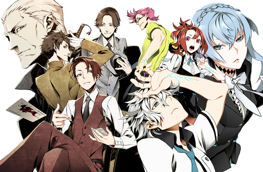 6+boys agata_katsuhira amari_(joker_game) black_neckwear blue_hair blue_neckwear brown_hair card creator_connection crossover formal glasses gloves grey_hat hat hat_on_chest hat_removed headwear_removed highres joker joker_game katana kiznaiver long_hair miwa_shirou miyoshi_(joker_game) multiple_boys multiple_girls necktie pink_hair pinky_out playing_card sakuma_(joker_game) scar school_uniform season_connection short_hair silver_hair sonozaki_noriko suit sword takashiro_chidori tenga_hajime weapon white_gloves yuuki_(joker_game)