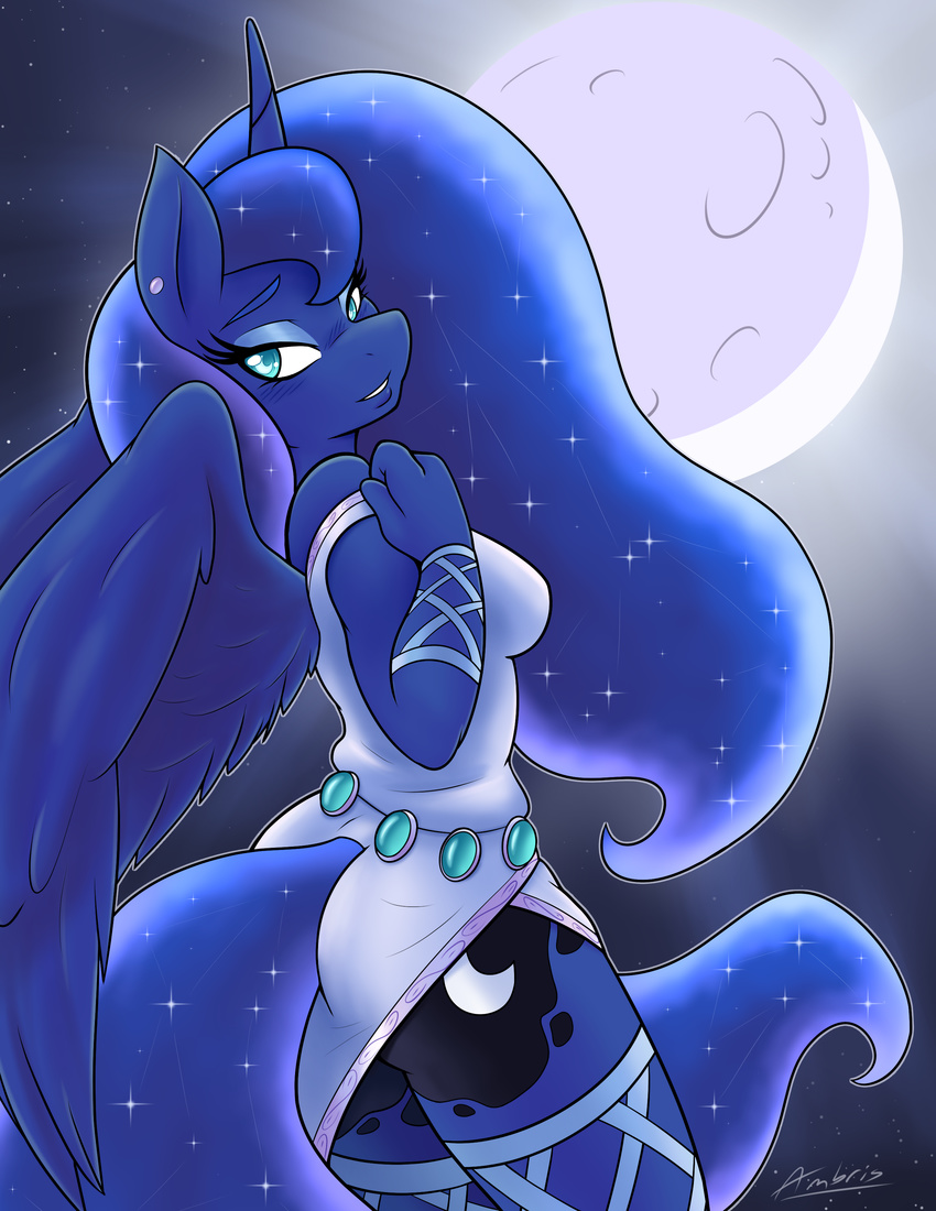 2016 absurd_res ambris anthro anthrofied blue_eyes blue_hair butt_pose clothed clothing constellation cutie_mark dress equine eyelashes feathered_wings feathers female friendship_is_magic full_moon hair hi_res horn long_hair looking_at_viewer mammal moon my_little_pony night princess princess_luna_(mlp) royalty sky solo star winged_unicorn wings