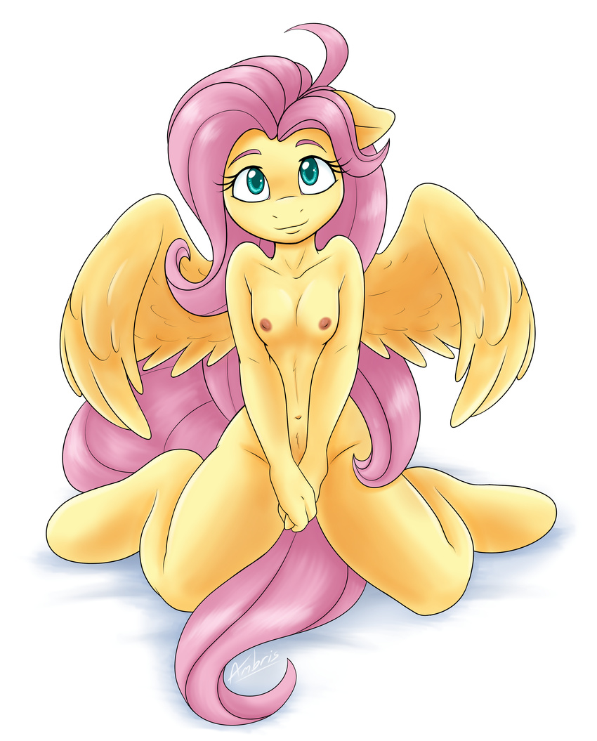 2016 absurd_res ambris anthro anthrofied casual_nudity equine eyelashes feathered_wings feathers female flat_chested fluttershy_(mlp) friendship_is_magic hair hi_res long_hair looking_at_viewer mammal my_little_pony nipples nude pegasus pink_hair simple_background smile solo teal_eyes white_background wings