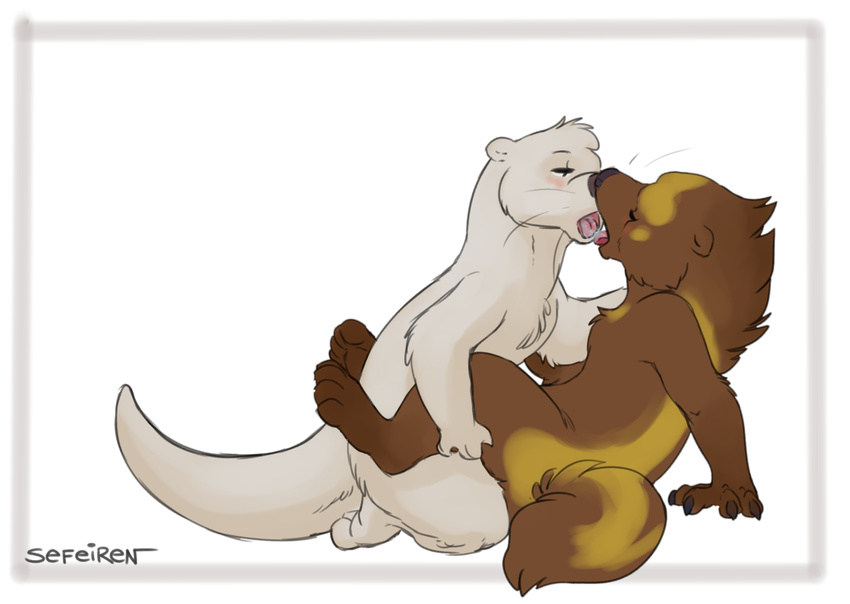 2016 anthro blush brown_fur brown_nose claws conditional_dnp digital_media_(artwork) duo female fur hand_on_shoulder hindpaw kissing kneeling leg_grab male male/female mammal mustelid nude open_mouth otter otterface paws penetration reed romantic_couple saliva sefeiren sex simple_background sitting thick_tail tongue tongue_out vaginal vaginal_penetration whiskers white_background white_fur wolverine