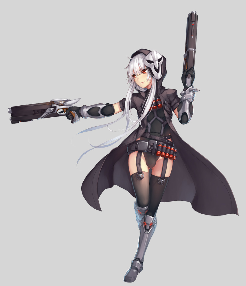 ass_visible_through_thighs bandolier black_gloves black_legwear boots bulge dual_wielding face_mask garter_straps gauntlets gloves gun handgun highleg highleg_leotard highres holding hood knee_boots leotard long_hair male_focus mask metal_boots open_cloak otoko_no_ko overwatch puffy_short_sleeves puffy_sleeves reaper_(overwatch) red_eyes short_sleeves silver_hair solo thighhighs thighs very_long_hair weapon weiyinji_xsk